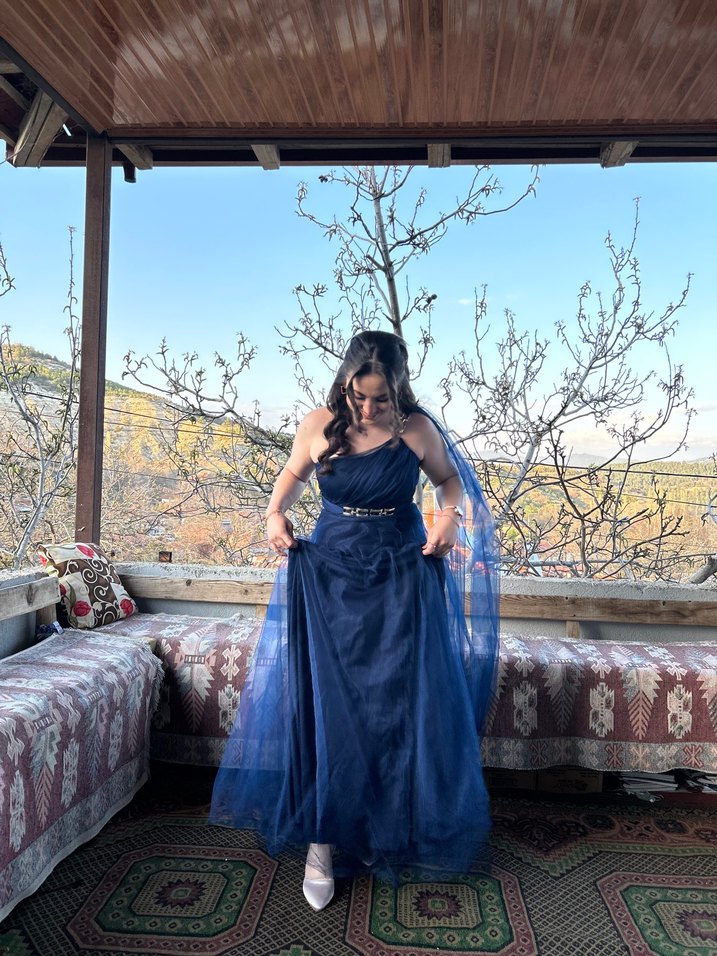 Lacivert Drapeli Uzun Abiye Elbise - Görsel 2