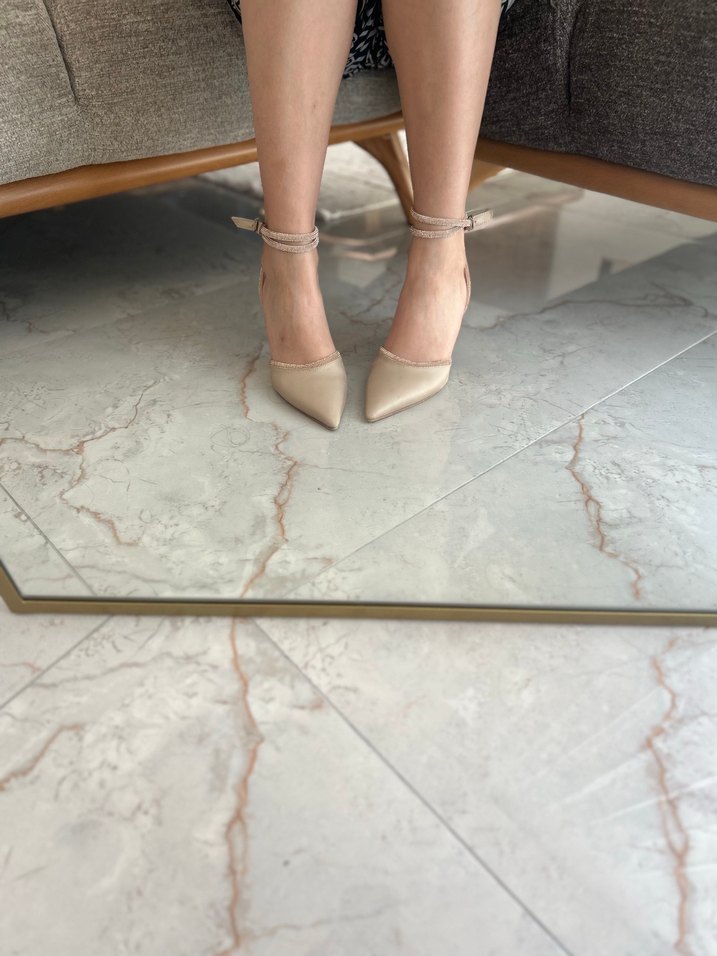 Bej Saten Stiletto Topuklu Kadın Ayakkabı - Görsel 3