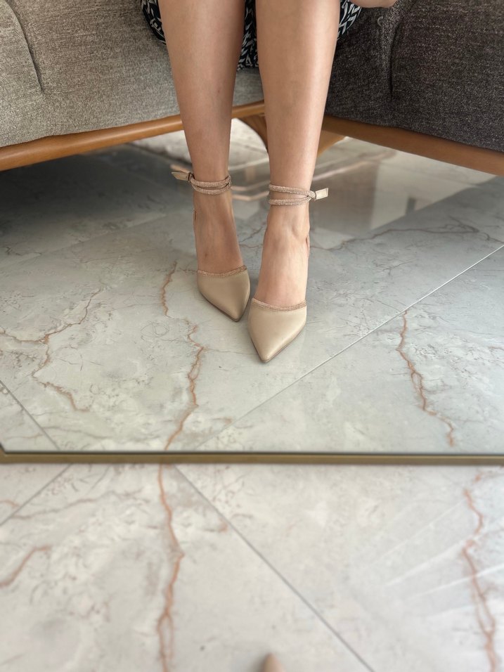 Bej Saten Stiletto Topuklu Kadın Ayakkabı - Görsel 4