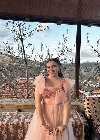 Pembe Bohem Nakışlı Uzun Abiye Elbise - Görsel 4