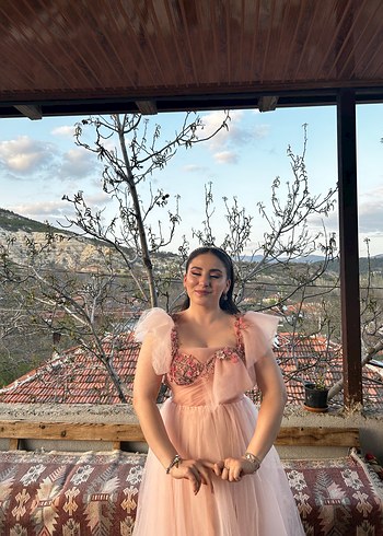 Pembe Bohem Nakışlı Uzun Abiye Elbise - Görsel 2