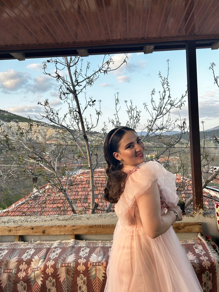 Pembe Bohem Nakışlı Uzun Abiye Elbise - Görsel 3