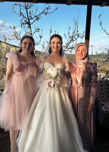 Camel Renk Uzun Kollu Drapeli Tesettür Abiye - Görsel 3