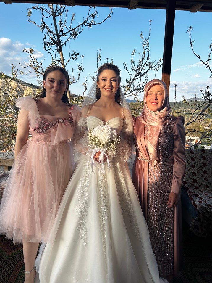 Camel Renk Uzun Kollu Drapeli Tesettür Abiye - Görsel 3