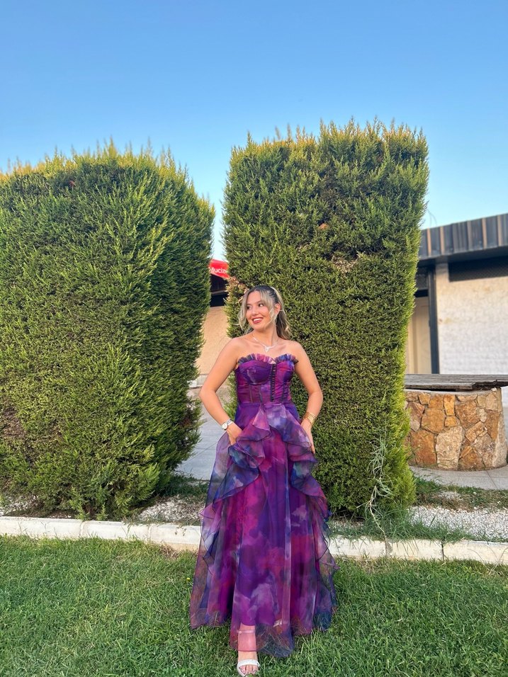 Mor Straplez uzun Abiye Elbise - Görsel 3