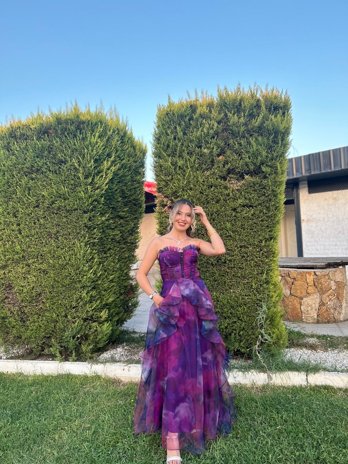 Mor Straplez uzun Abiye Elbise - Görsel 2