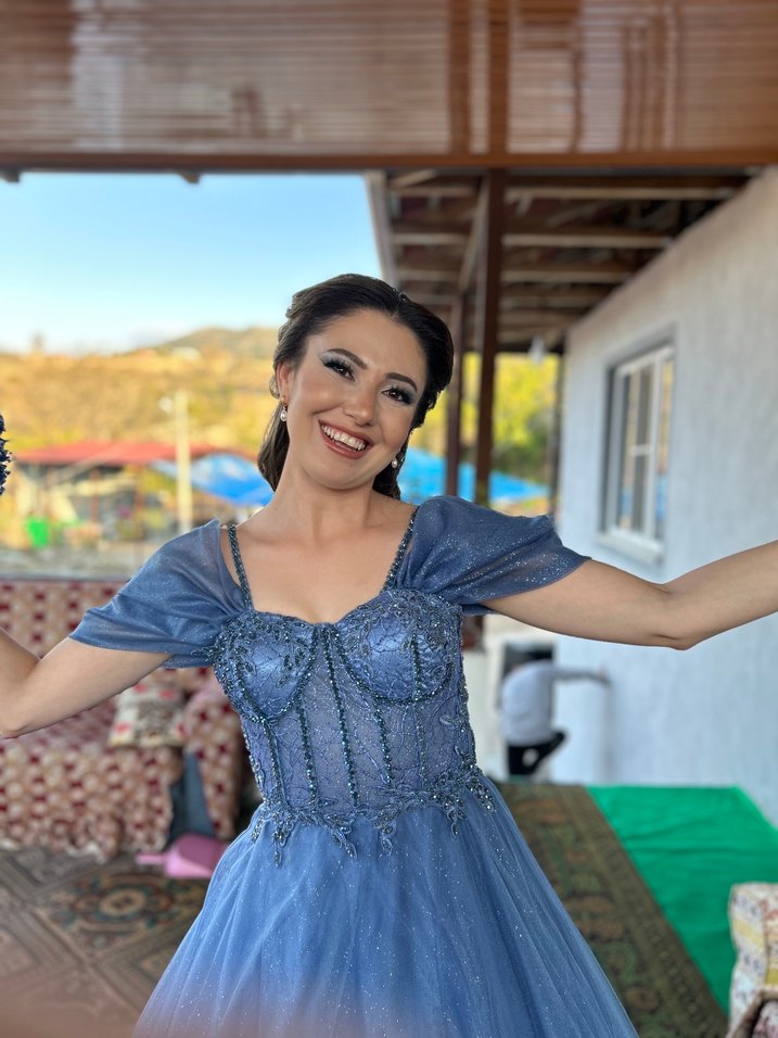 Mavi Straplez Drapeli Uzun Abiye - Görsel 2