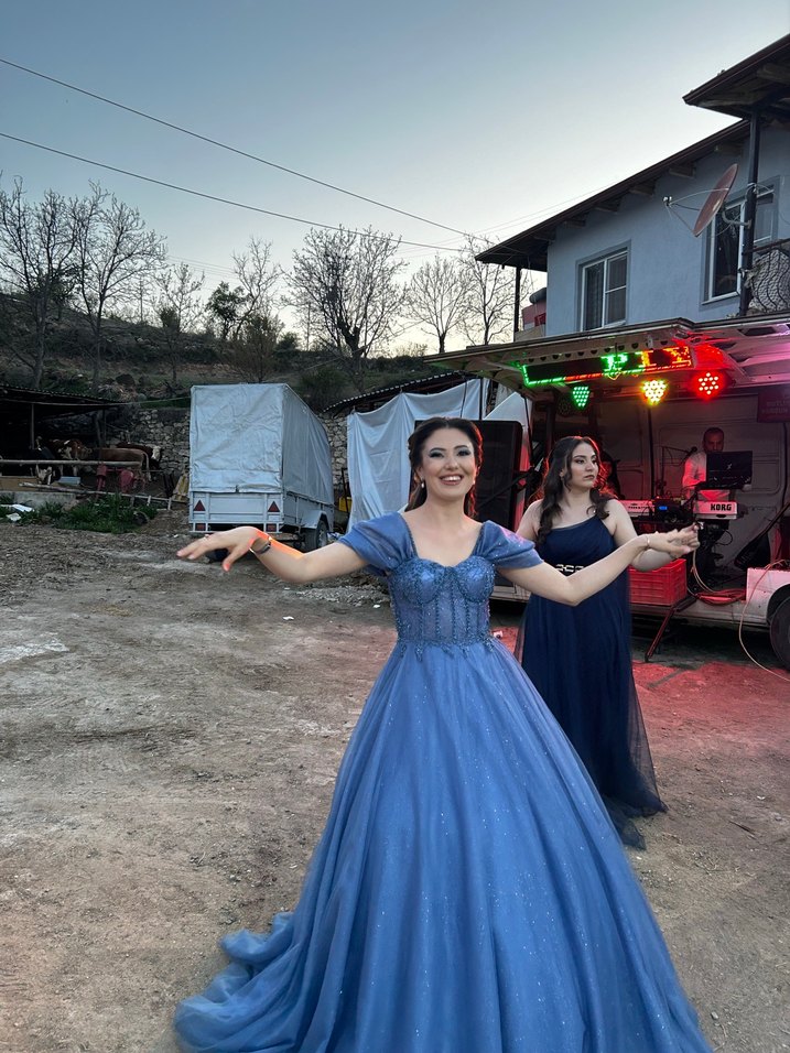 Mavi Straplez Drapeli Uzun Abiye - Görsel 3