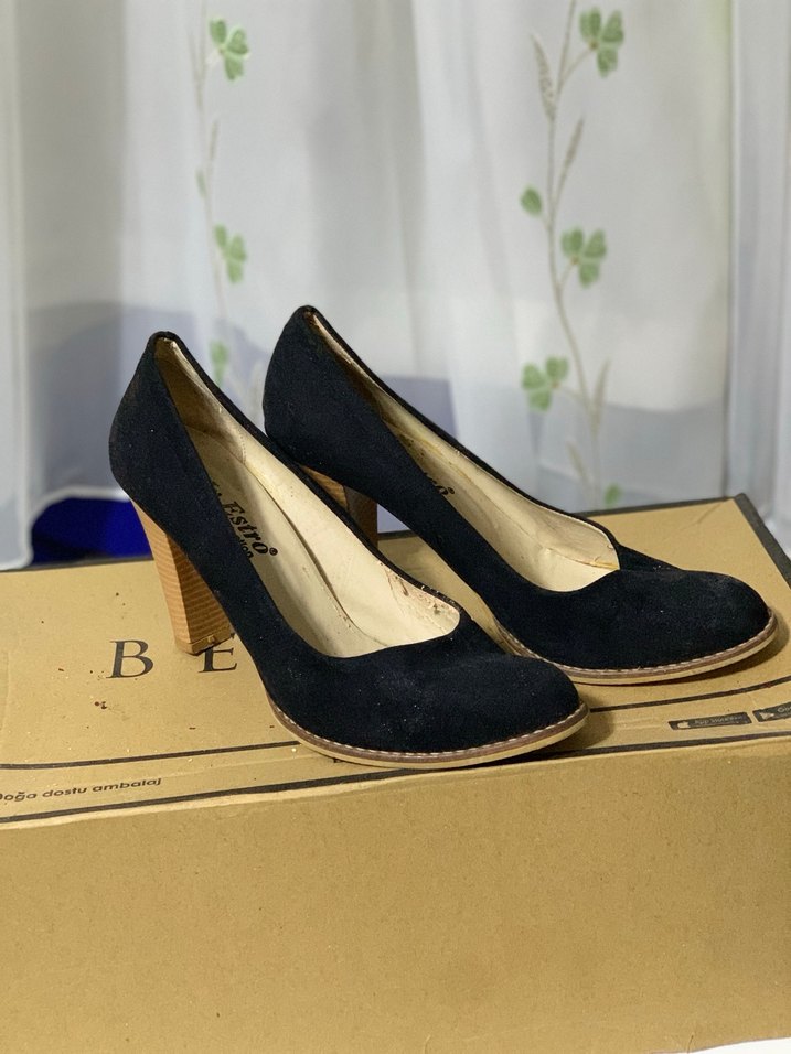 Siyah Süet Blok Topuklu Kadın Stiletto - Görsel 2