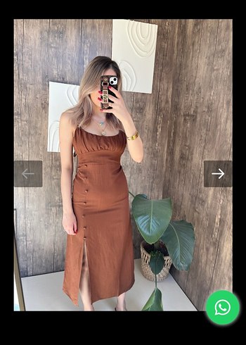 BSL FASHION Bsl İp Askili Keten Kahverengi Midi Elbise