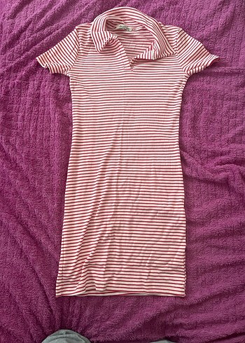 Pembe Çizgili Kısa Kollu Midi Elbise - Görsel 2