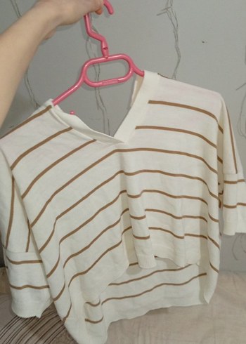 Bej Çizgili Kadın Keten Triko - Görsel 2
