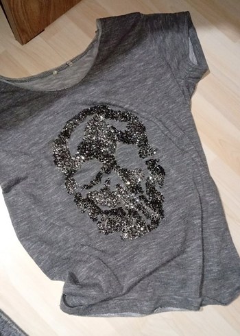 Kadın Gri Payetli Rock Punk Tişört - Görsel 2