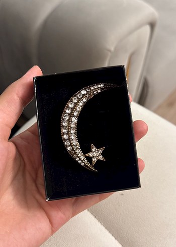 Gold İşlemeli Ay ve Yıldız Broş kutulu sıfır ürün