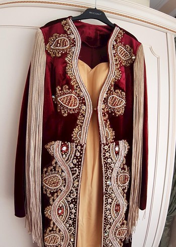 Bordo İşlemeli Kadın Uzun Henna Elbise