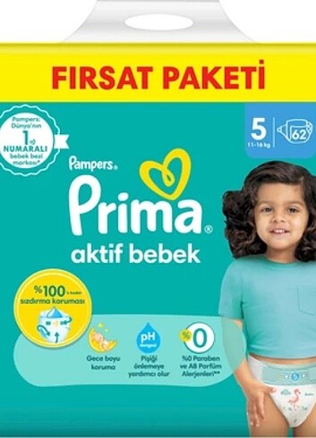 5 Beden: 11-25 kg Beden Prima Bebek Bezi Aktif Bebek 5 Beden 62 Adet Junior Mega Fırsat