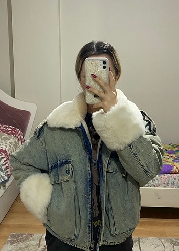 Gri Tüylü Kadın Denim Ceket - Görsel 7