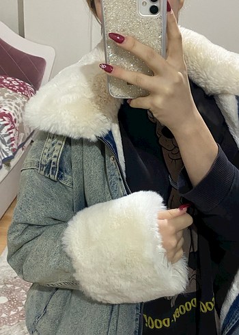 Gri Tüylü Kadın Denim Ceket - Görsel 13