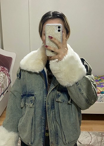 Gri Tüylü Kadın Denim Ceket - Görsel 12