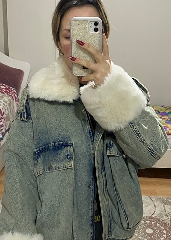 Gri Tüylü Kadın Denim Ceket - Görsel 8