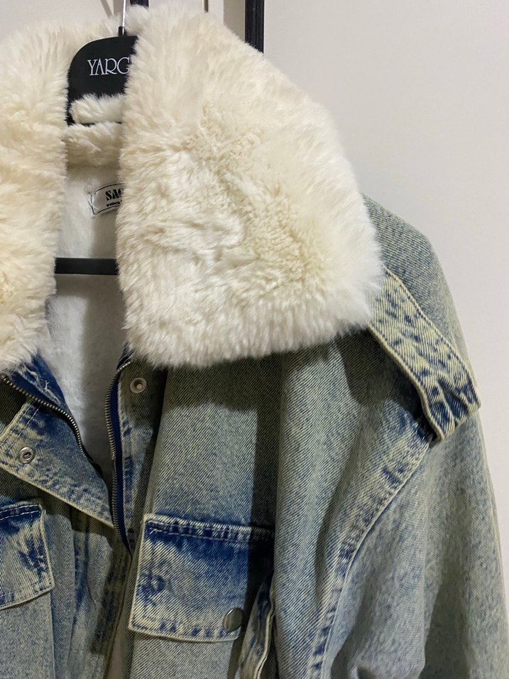 Gri Tüylü Kadın Denim Ceket - Görsel 4