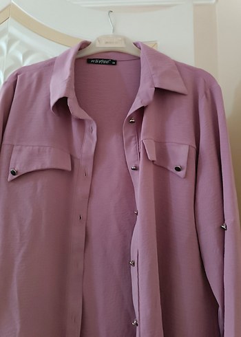 Düğmeli Mor Pamuklu Kadın Gömlek - Görsel 2