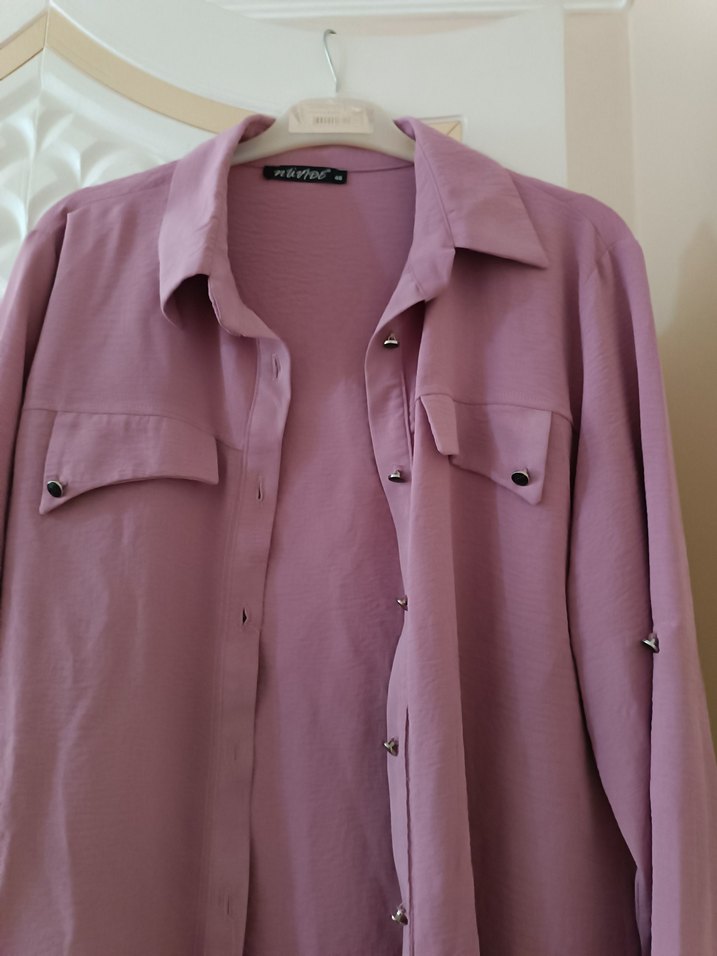 Düğmeli Mor Pamuklu Kadın Gömlek - Görsel 2