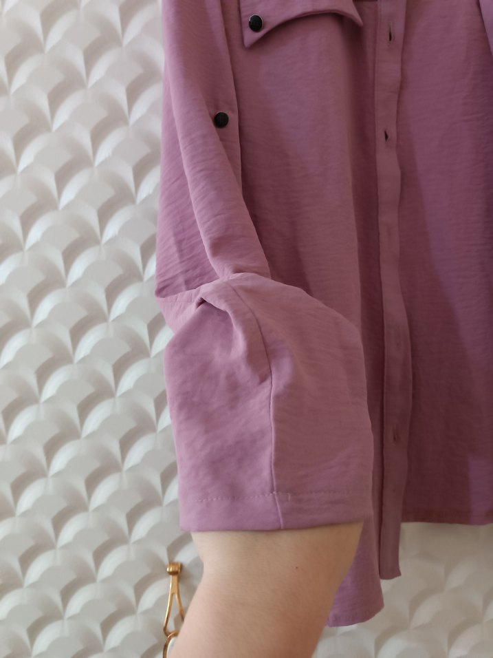 Düğmeli Mor Pamuklu Kadın Gömlek - Görsel 5