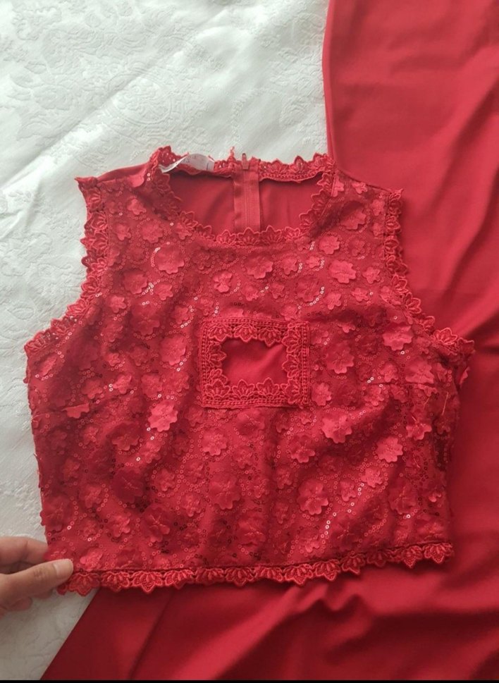 Kırmızı Drapeli Uzun Abiye Elbise - Görsel 2