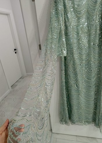 Yeşil İşlemeli Uzun Kollu Bohem Abiye Elbise - Görsel 3