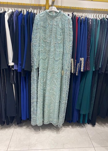 Yeşil İşlemeli Uzun Kollu Bohem Abiye Elbise - Görsel 6