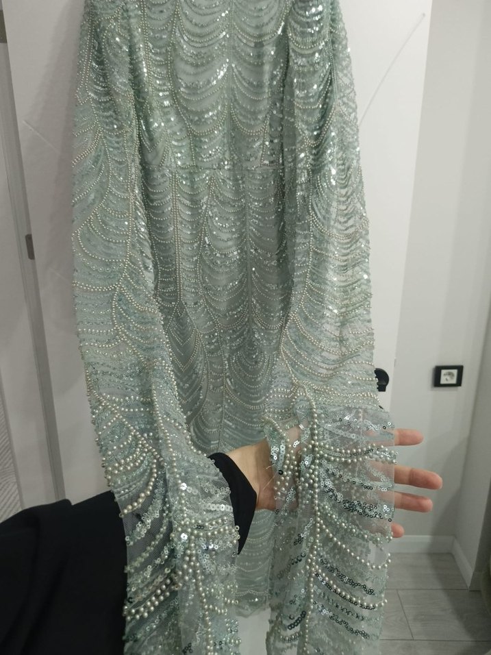 Yeşil İşlemeli Uzun Kollu Bohem Abiye Elbise - Görsel 4