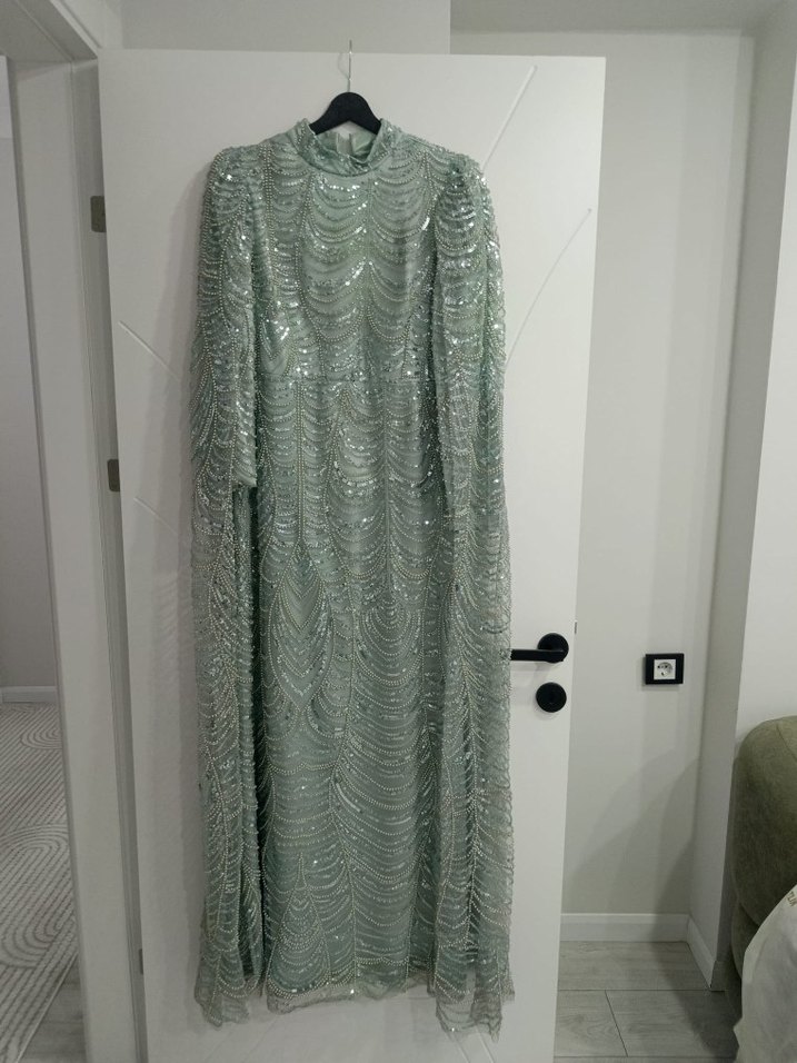 Yeşil İşlemeli Uzun Kollu Bohem Abiye Elbise - Görsel 5