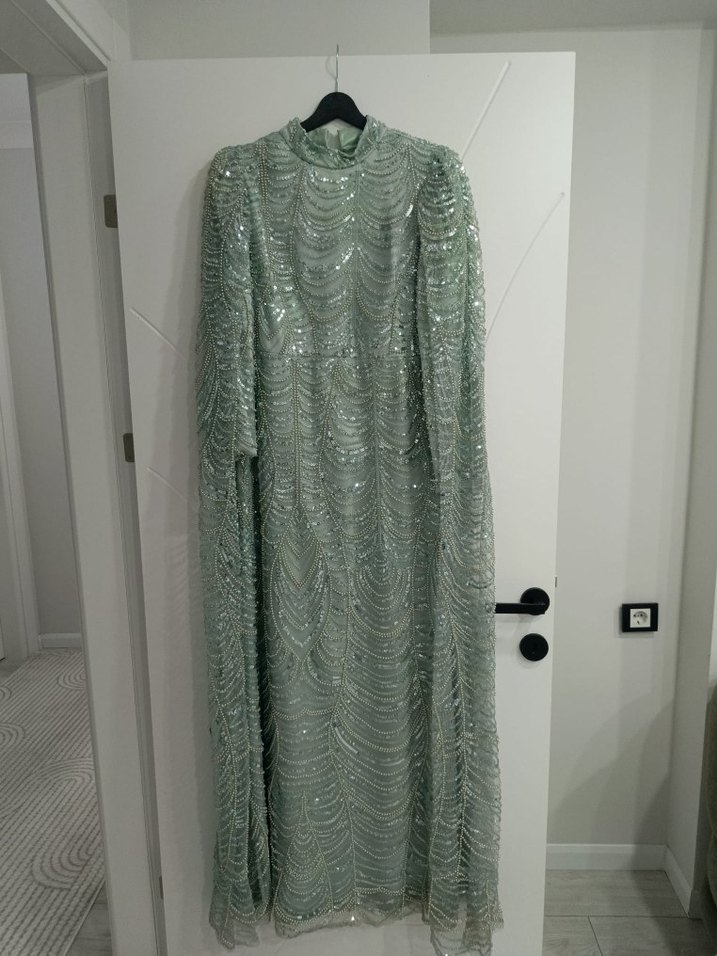 Yeşil İşlemeli Uzun Kollu Bohem Abiye Elbise - Görsel 2