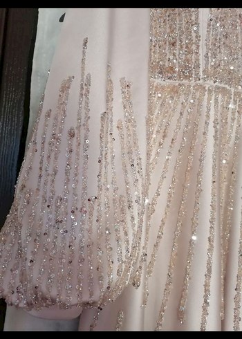 Bej Uzun Kollu Yüksek Yakalı Abiye Elbise - Görsel 5