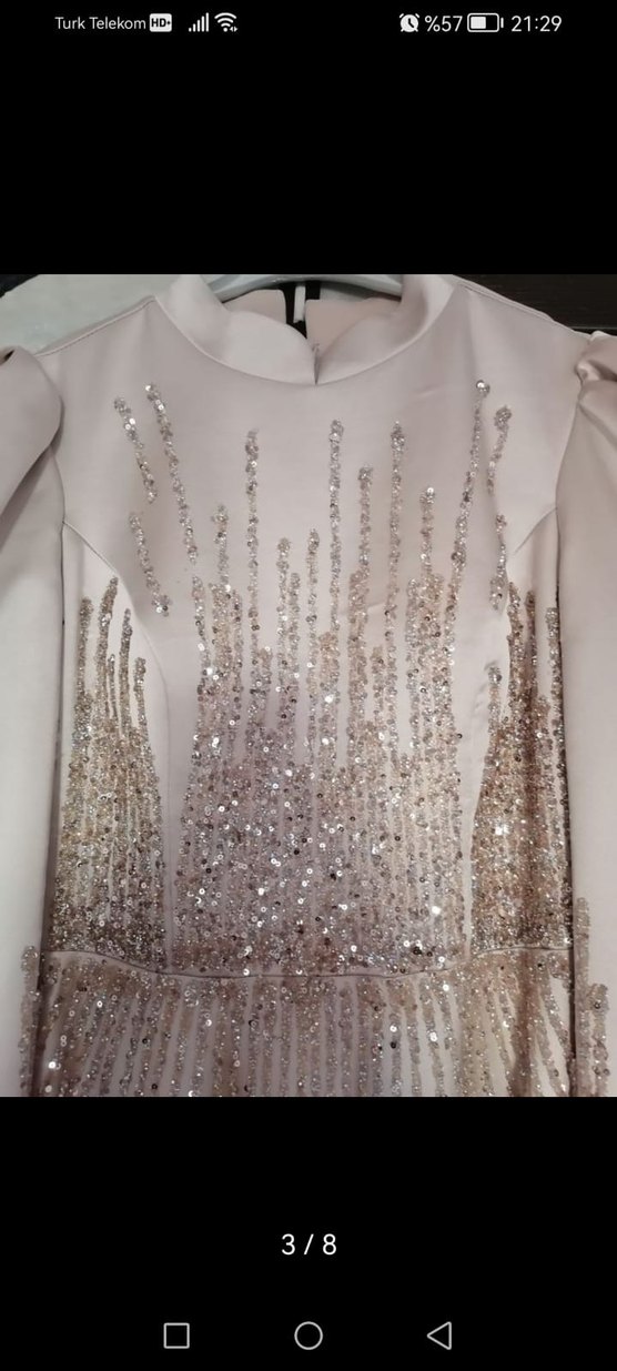 Bej Uzun Kollu Yüksek Yakalı Abiye Elbise - Görsel 2