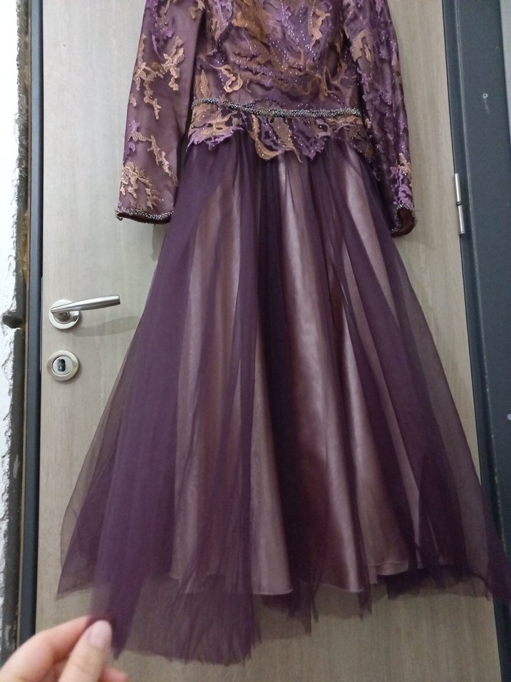 Uzun Kollu Mor Vintage Gece Elbisesi - Görsel 2