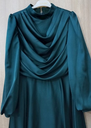 Uzun Kollu Drapeli Turkuaz Kadın Abiye Elbise - Görsel 2