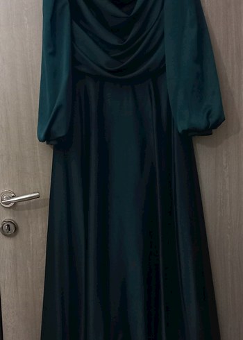 Uzun Kollu Drapeli Turkuaz Kadın Abiye Elbise - Görsel 3