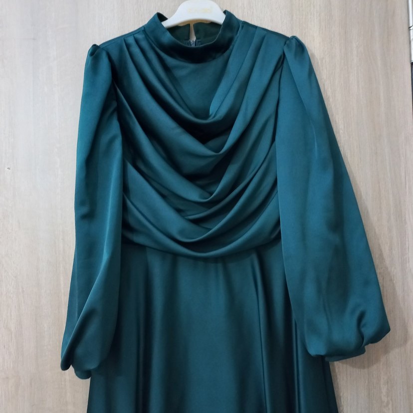 Uzun Kollu Drapeli Turkuaz Kadın Abiye Elbise - Görsel 2