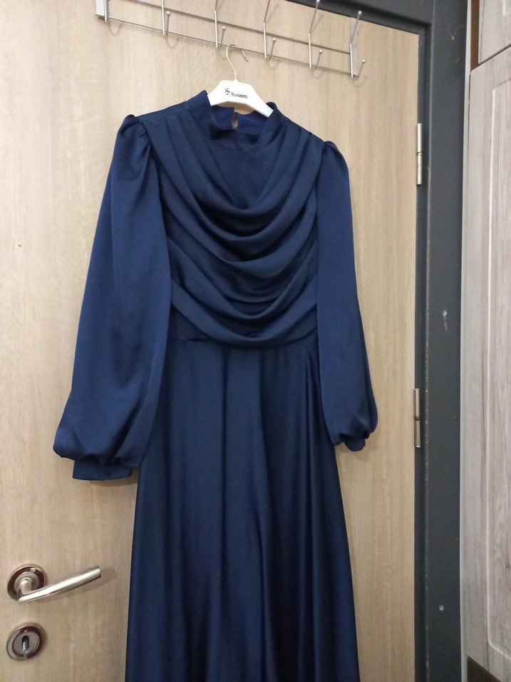 Lacivert Drapeli Uzun Kollu Kadın Elbise - Görsel 3