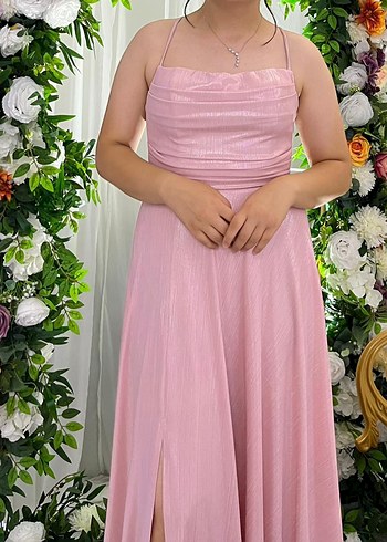 Pembe Drapeli Uzun Askılı Kadın Abiye - Görsel 3