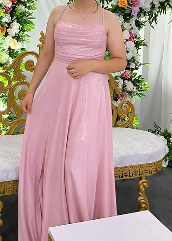 Pembe Drapeli Uzun Askılı Kadın Abiye - Görsel 4