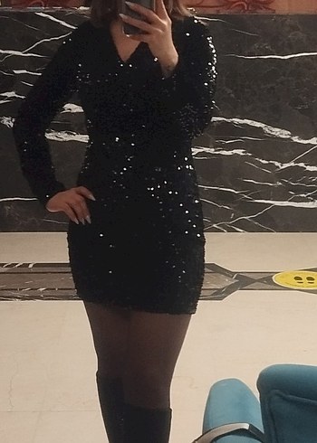 Siyah Payetli Uzun Kollu Abiye Elbise - Görsel 4