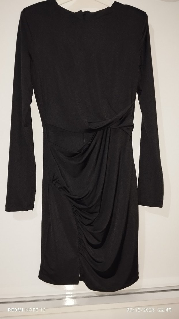 Siyah Drapeli Uzun Kollu Kadın Abiye Elbise - Görsel 2