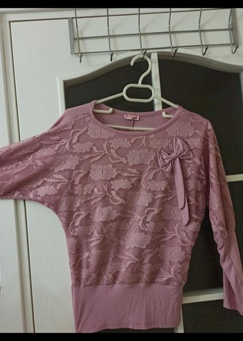 36 Beden Dantel Detaylı Pembe Uzun Kollu Triko Bluz