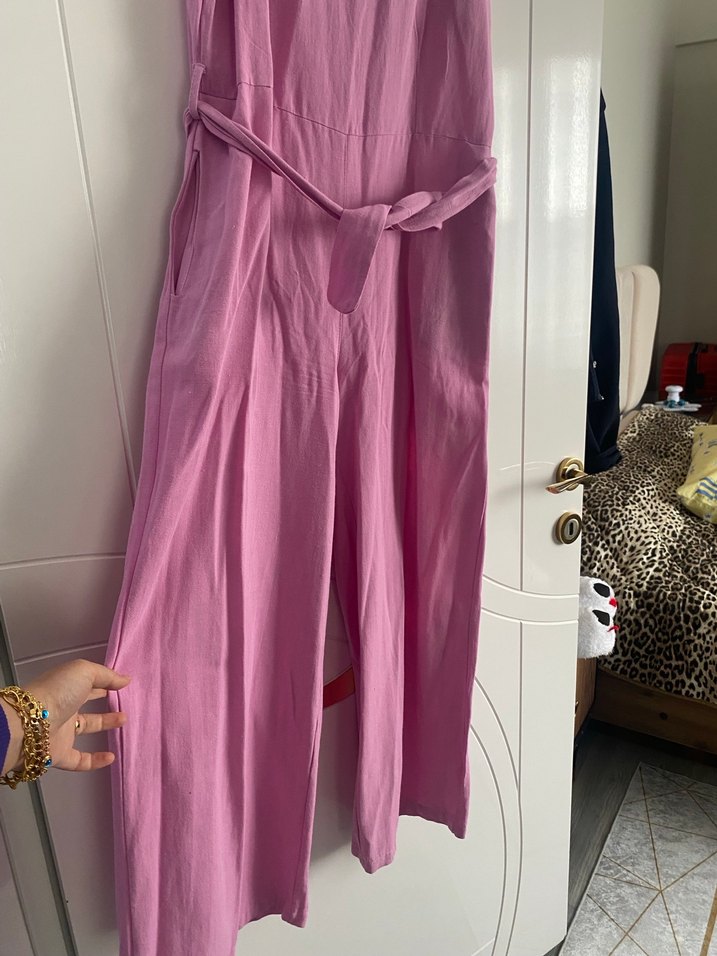 Pembe Keten Uzun Kadın Tulum - Görsel 2