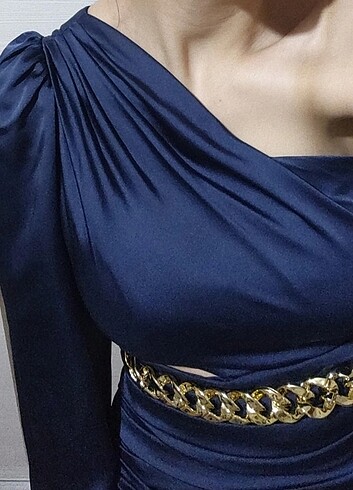 Saten Lacivert abiye elbise - Görsel 3