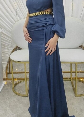 Saten Lacivert abiye elbise - Görsel 5