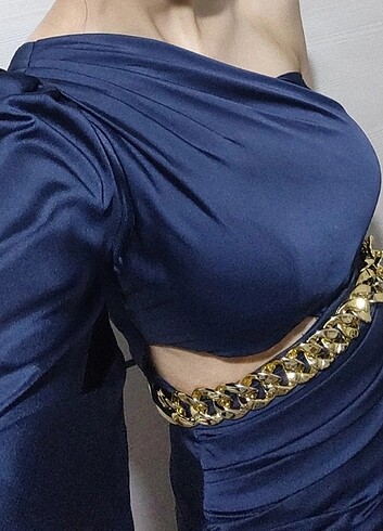 Saten Lacivert abiye elbise - Görsel 6